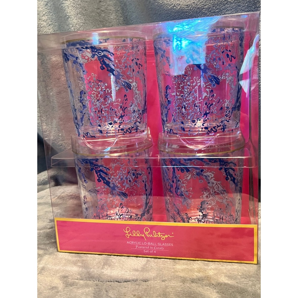 Lilly Pulitzer Acrylic Lo Ball Glasses Set of 4 Coraly Blue Coral NIB Barware